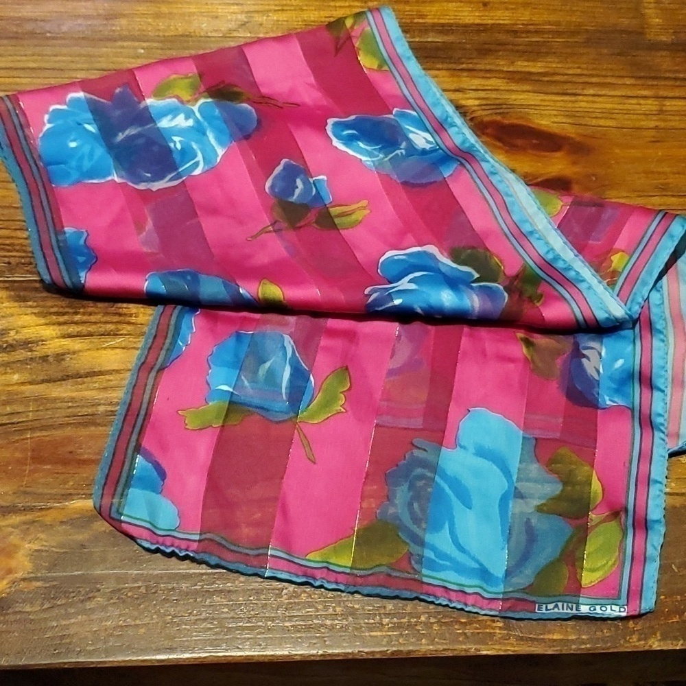 ELAINE Gold Blue Roses Oblong Scarf